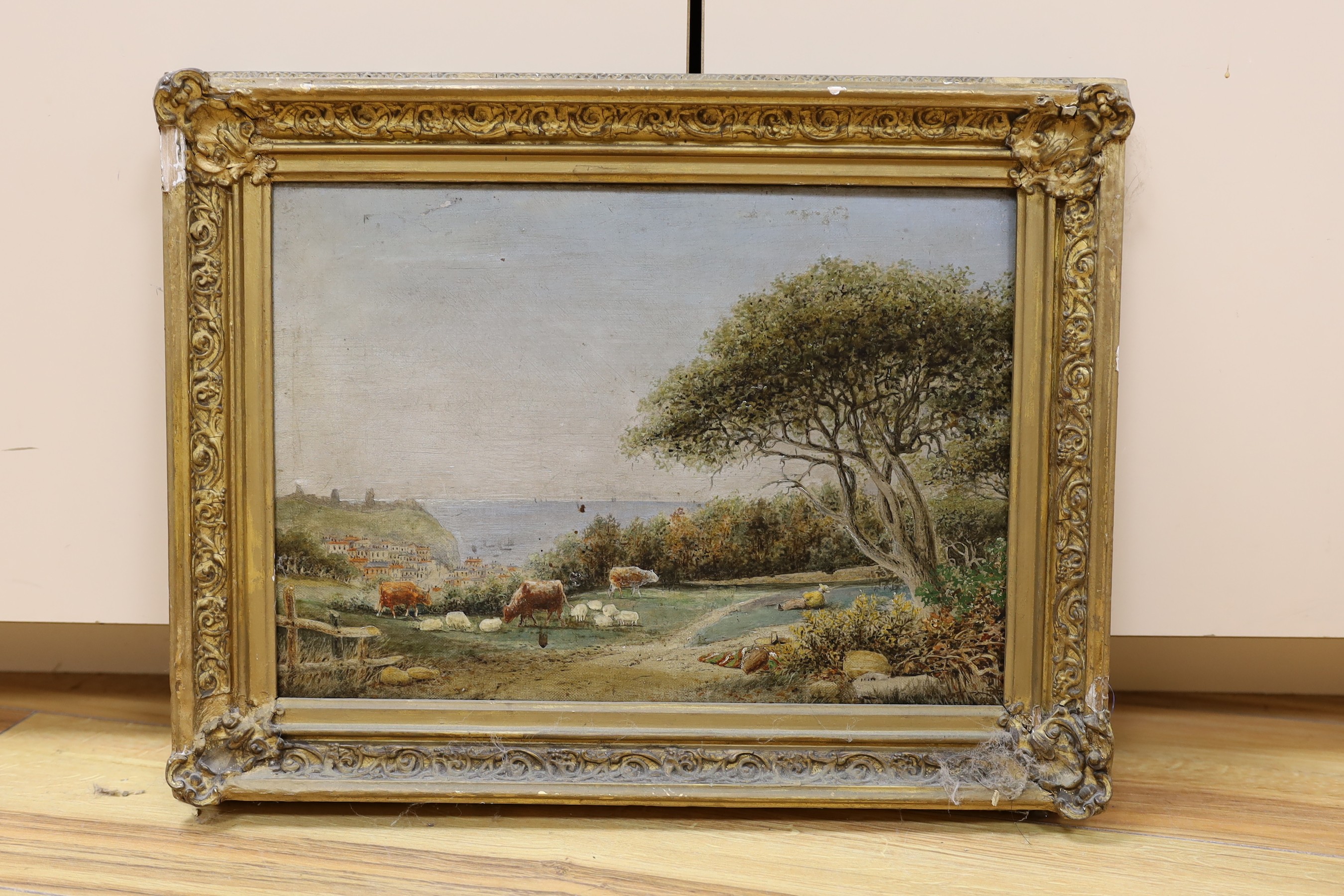 19th century English School, oil on canvas, Cattle drover in a landscape overlooking Dover, indistinctly signed, 24 x 34cm